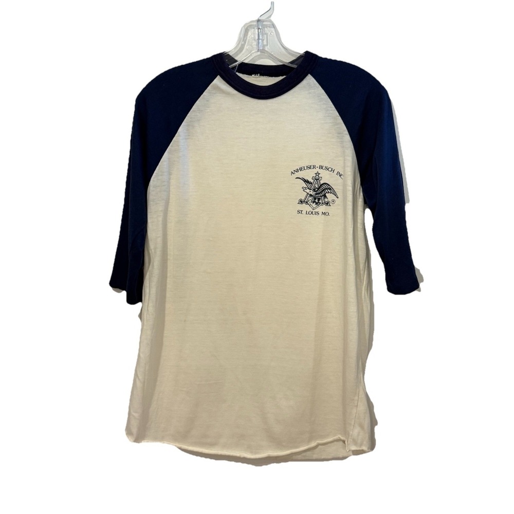 Vintage 70s 80s Anheuser-Busch logo beer Baseball T-shirt USA  Sz M Blue Cream - Picture 3 of 9